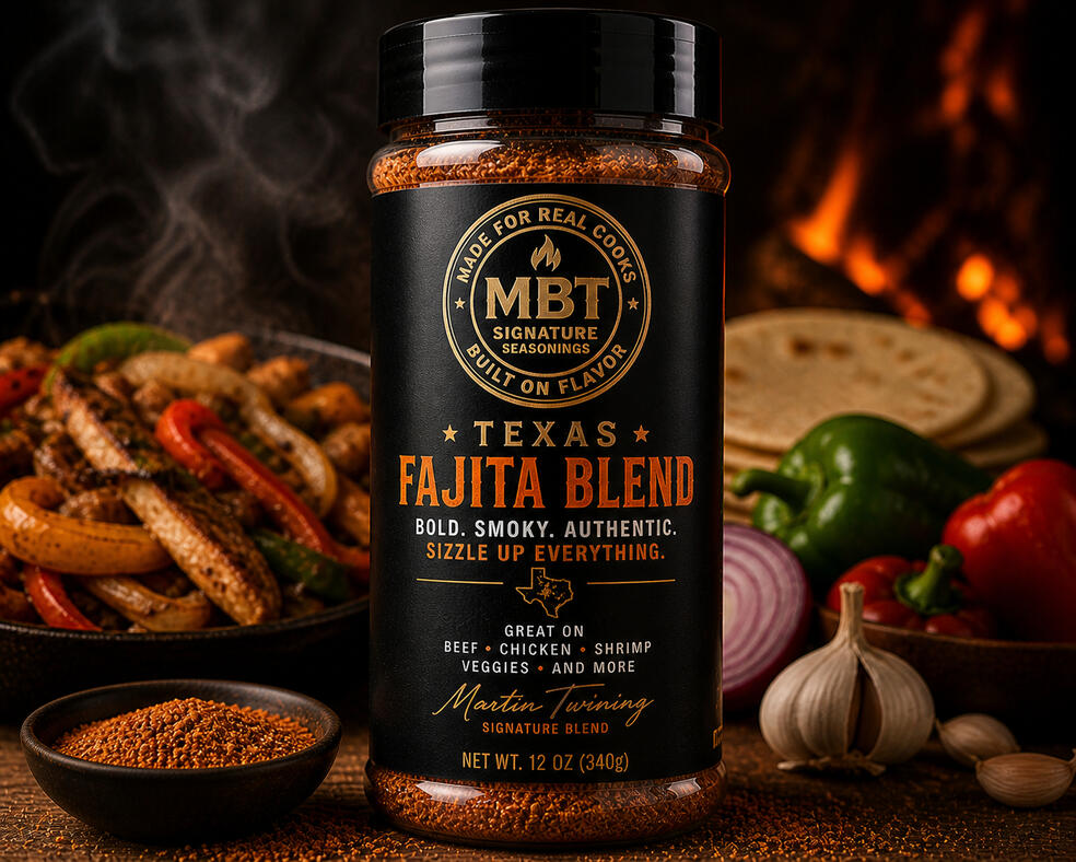 Untitled MBT Texas Fajita Blend seasoning bottle with sizzling fajitas background
