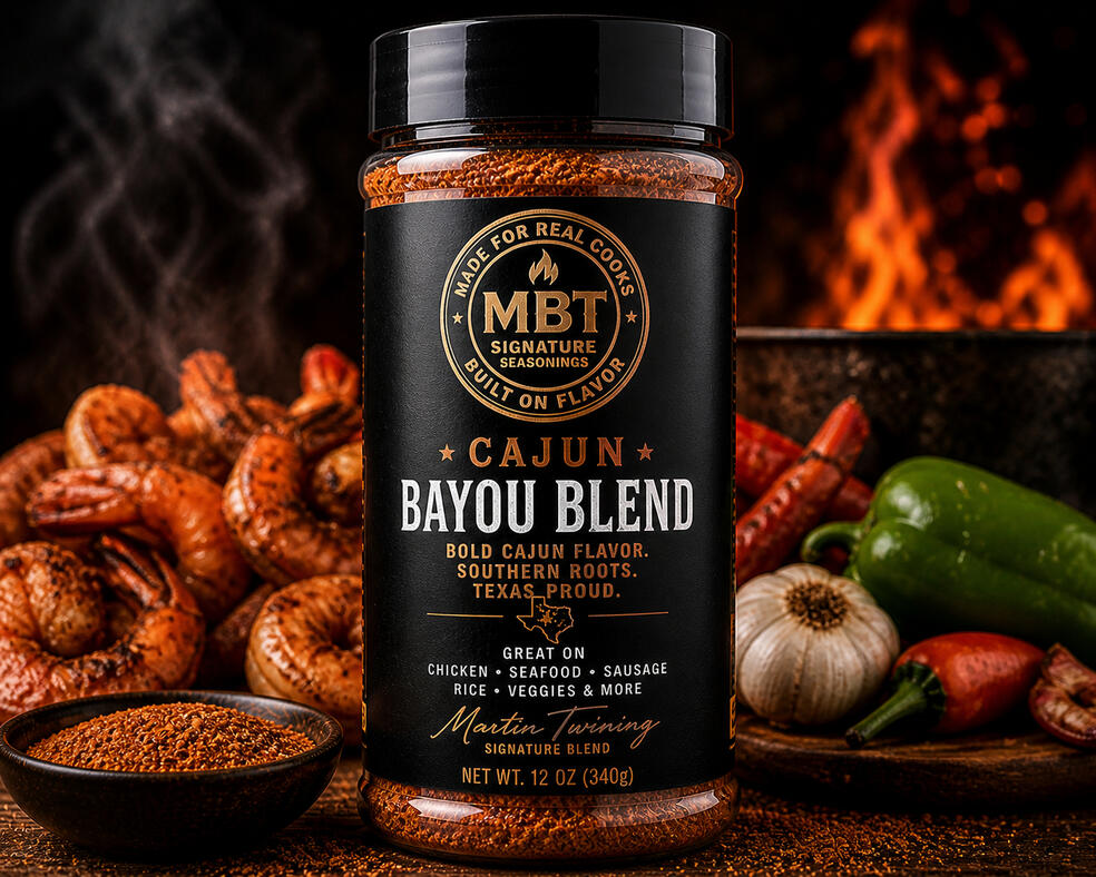 MBT Cajun Bayou Blend seasoning bottle with shrimp and rice background