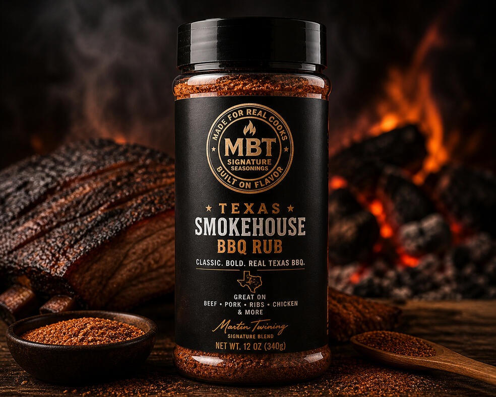 MBT Texas Smokehouse BBQ Rub seasoning bottle with smoked ribs background