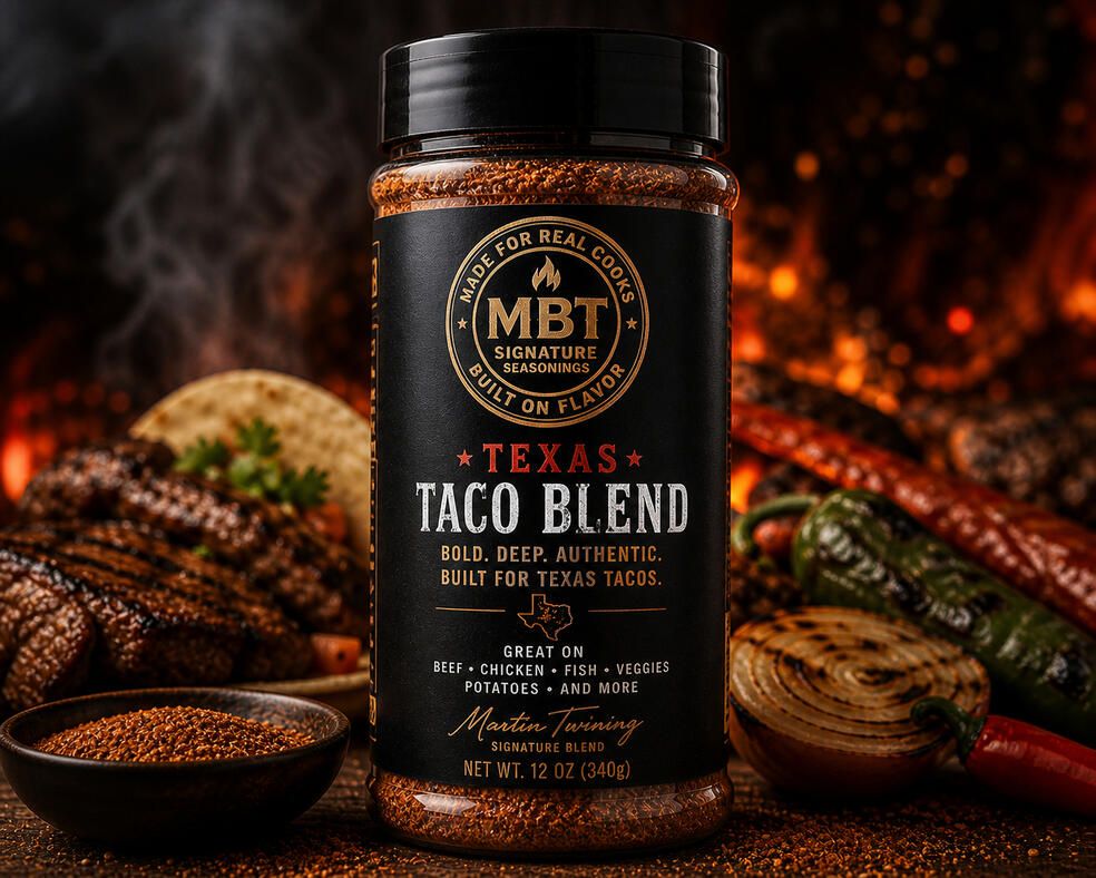 Untitled MBT Texas Taco Blend seasoning bottle with tacos and skillet meat background