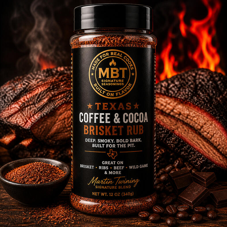 MBT Texas Coffee and Cocoa Brisket Rub seasoning bottle with smoked brisket background