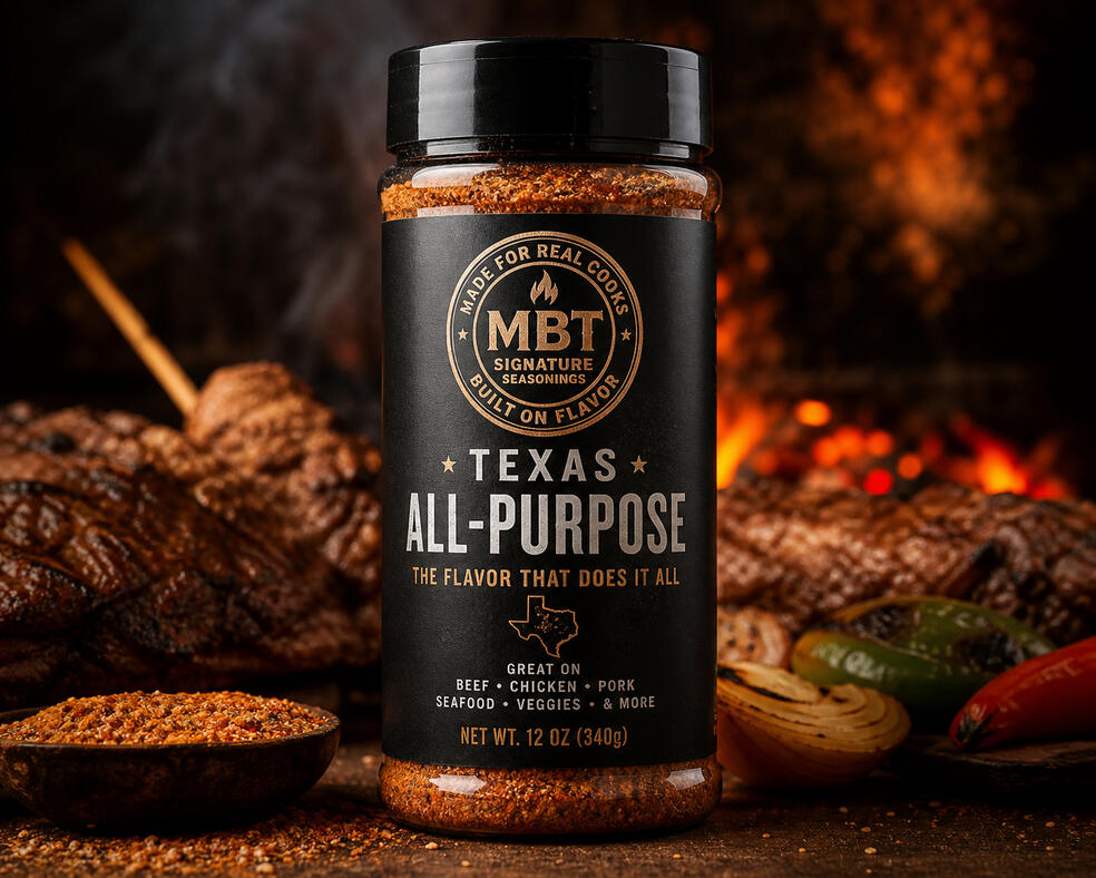 Untitled MBT Texas All-Purpose seasoning bottle with grilled chicken and vegetables background